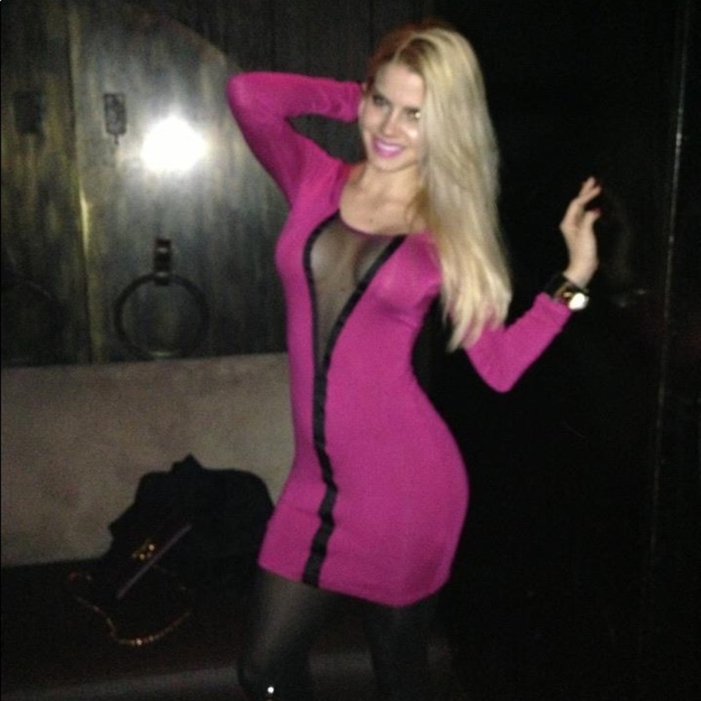 Hot pink dress. Mesh front. Mini dress